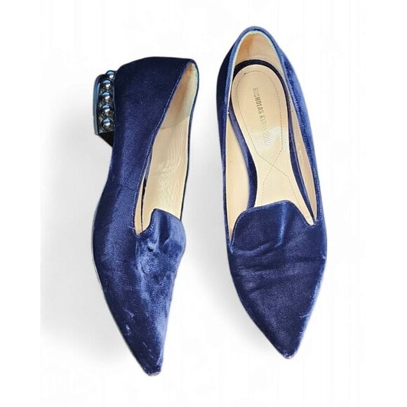 Nicholas Kirkwood velvet blue pointed toe faux pearls flats shoes EU39 US8.5 - Picture 2 of 11